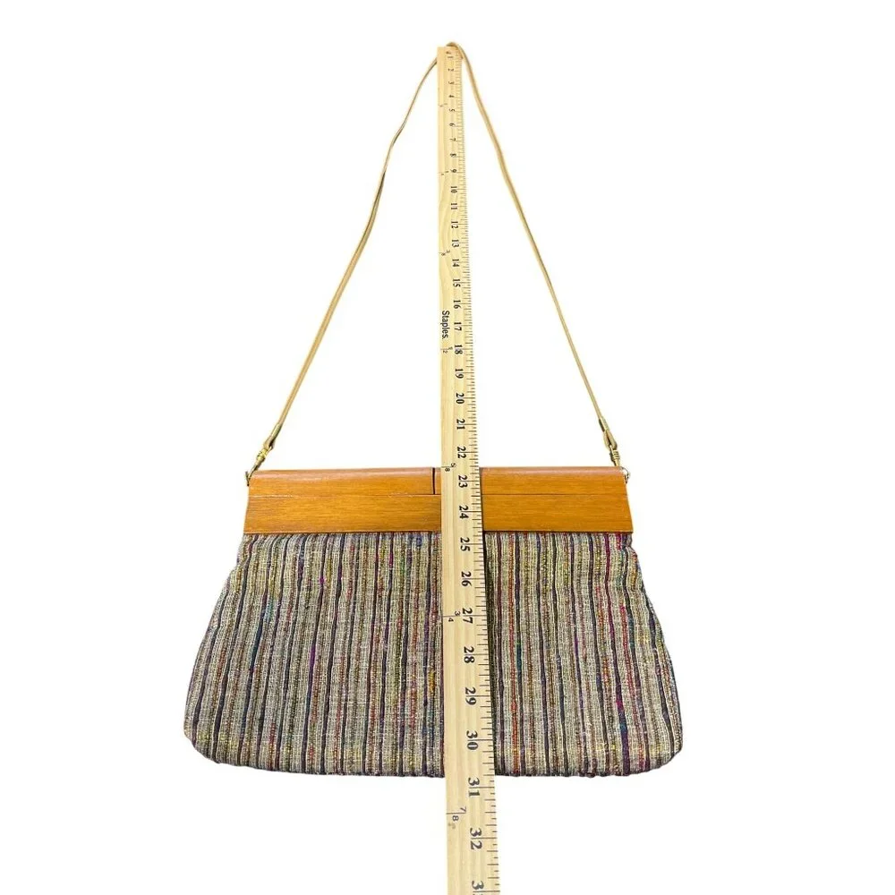 Saddle River Vintage Wooden Frame Multicolor Fabric Bag 80s Detachable Strap - Picture 5 of 6